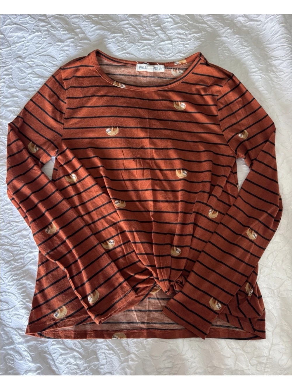 Wallflower Rust and Black Striped Long-Sleeve Knot Tee with Sloth Motif size S